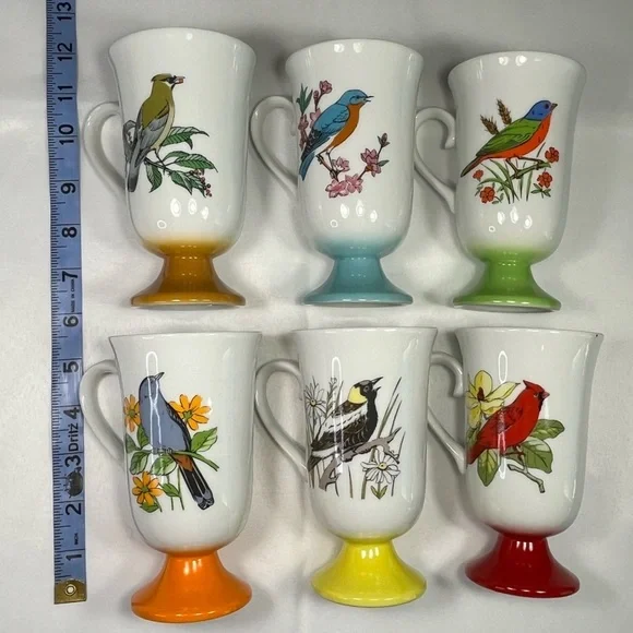 SET 6 Vintage Fred Roberts Song Bird Footed Mugs MCM - Picture 6 of 9